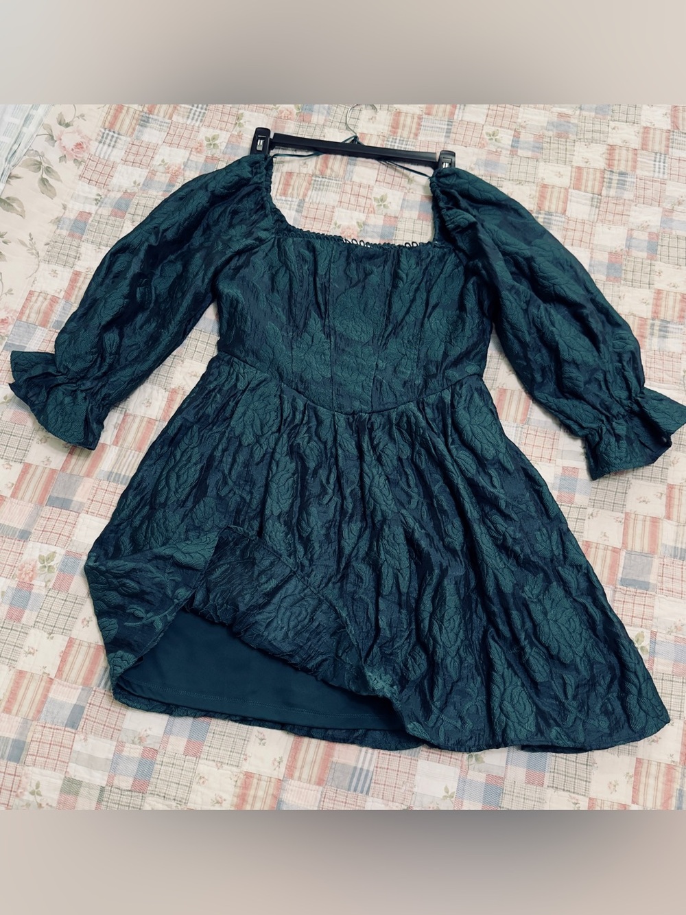 Textured Teal Puff-Sleeve Long-Sleeve Mini Dress